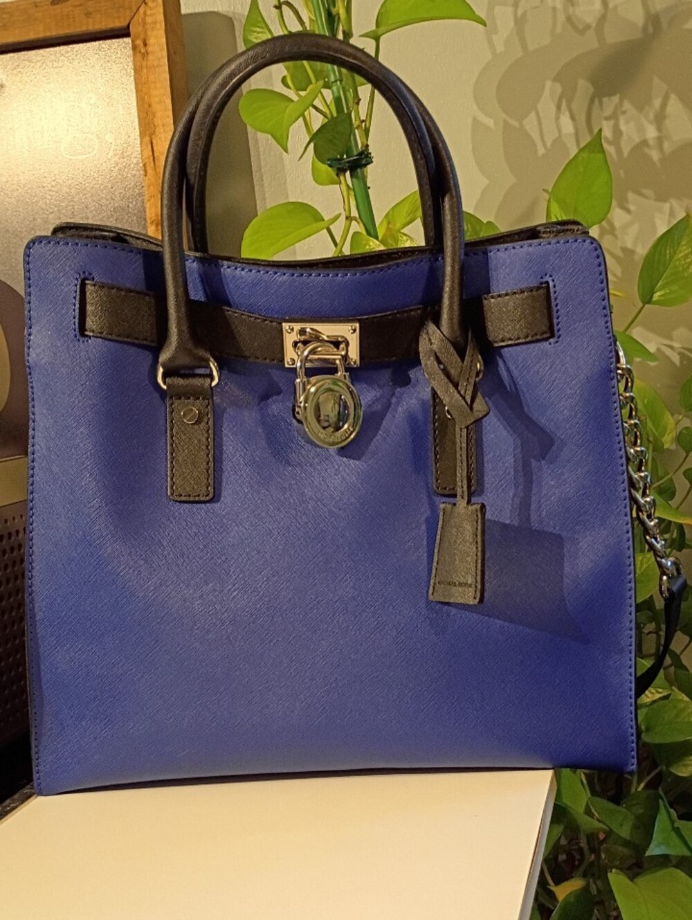 Blue Structured Tote Handbag with Black Trim